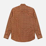 The ETRO Roma Cotton Logo Shirt, a men's button-down with long sleeves and a small, repeating red, green, and black medallion pattern, is shown from the back against a white background.