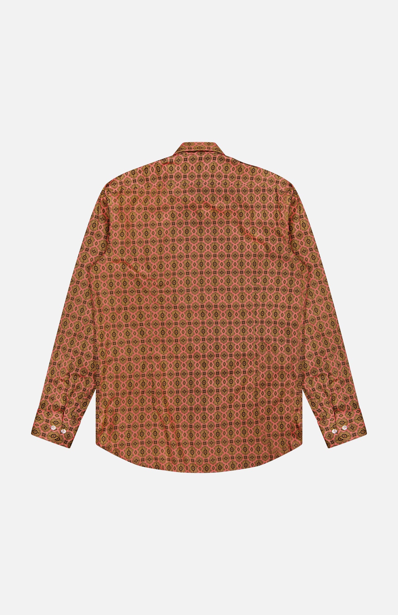 The ETRO Roma Cotton Logo Shirt, a men's button-down with long sleeves and a small, repeating red, green, and black medallion pattern, is shown from the back against a white background.