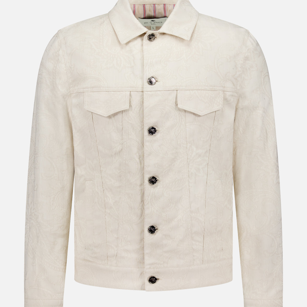 The ETRO Tonal Paisley Print Denim Jacket features a cream hue with a subtle paisley pattern, front button closure, two chest flap pockets, classic collar, and long sleeves—expertly crafted in Italy.