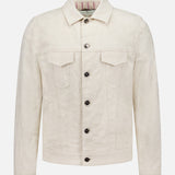 The ETRO Tonal Paisley Print Denim Jacket features a cream hue with a subtle paisley pattern, front button closure, two chest flap pockets, classic collar, and long sleeves—expertly crafted in Italy.