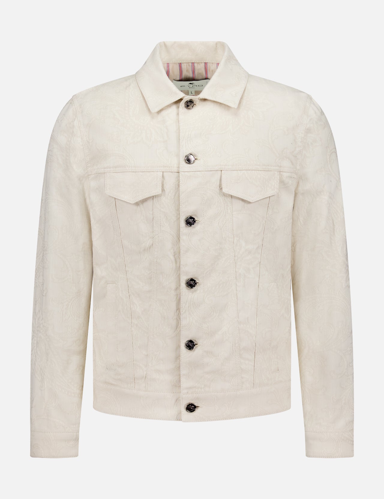 The ETRO Tonal Paisley Print Denim Jacket features a cream hue with a subtle paisley pattern, front button closure, two chest flap pockets, classic collar, and long sleeves—expertly crafted in Italy.