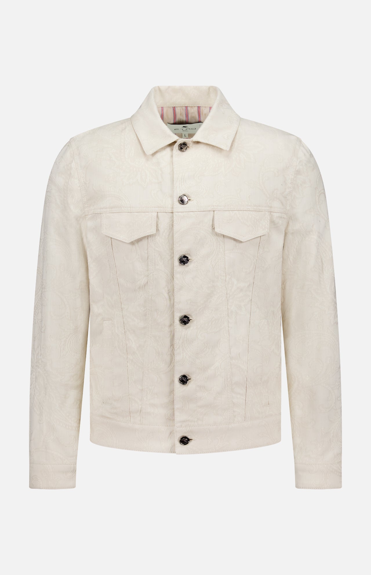 The ETRO Tonal Paisley Print Denim Jacket features a cream hue with a subtle paisley pattern, front button closure, two chest flap pockets, classic collar, and long sleeves—expertly crafted in Italy.