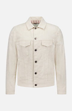 The ETRO Tonal Paisley Print Denim Jacket features a cream hue with a subtle paisley pattern, front button closure, two chest flap pockets, classic collar, and long sleeves—expertly crafted in Italy.