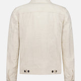 Back view of the ETRO Tonal Paisley Print Denim Jacket in light beige, featuring long sleeves, buttoned cuffs, adjustable button tabs at the waistband, and a subtle paisley pattern.
