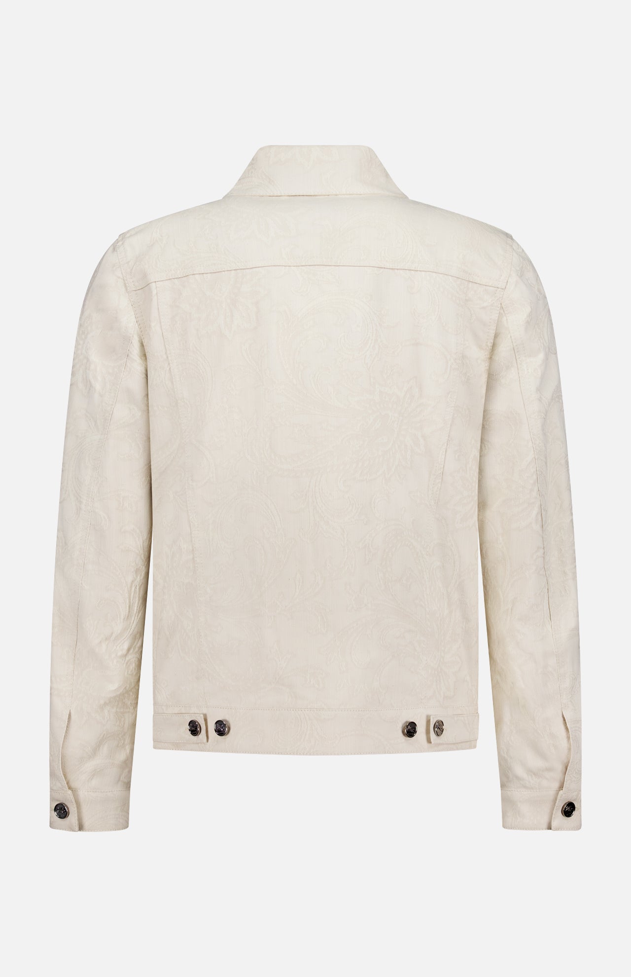 Back view of the ETRO Tonal Paisley Print Denim Jacket in light beige, featuring long sleeves, buttoned cuffs, adjustable button tabs at the waistband, and a subtle paisley pattern.