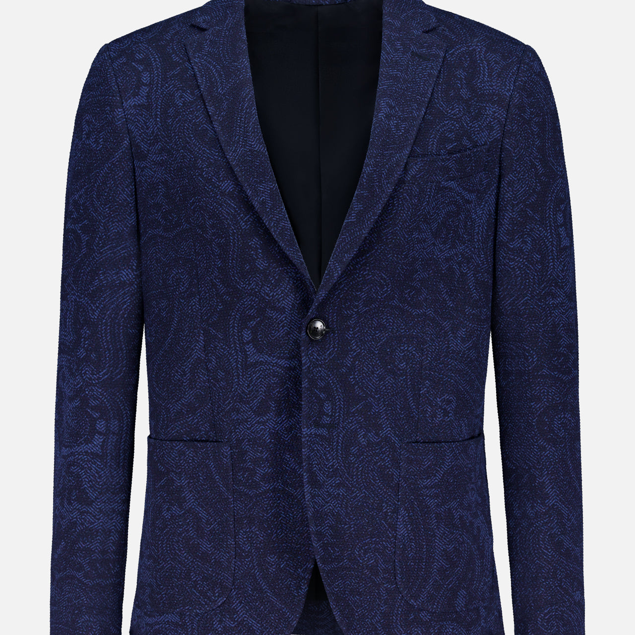The ETRO Tonal Paisley Print Sportcoat is a luxury single-breasted navy jacket with a subtle paisley pattern, one-button closure, and two front pockets, shown on a plain white background.