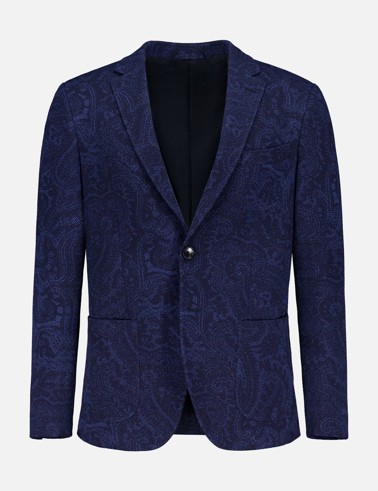 The ETRO Tonal Paisley Print Sportcoat is a luxury single-breasted navy jacket with a subtle paisley pattern, one-button closure, and two front pockets, shown on a plain white background.