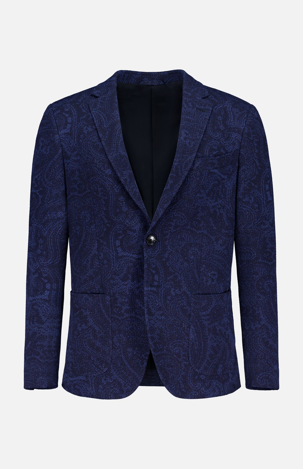 The ETRO Tonal Paisley Print Sportcoat is a luxury single-breasted navy jacket with a subtle paisley pattern, one-button closure, and two front pockets, shown on a plain white background.