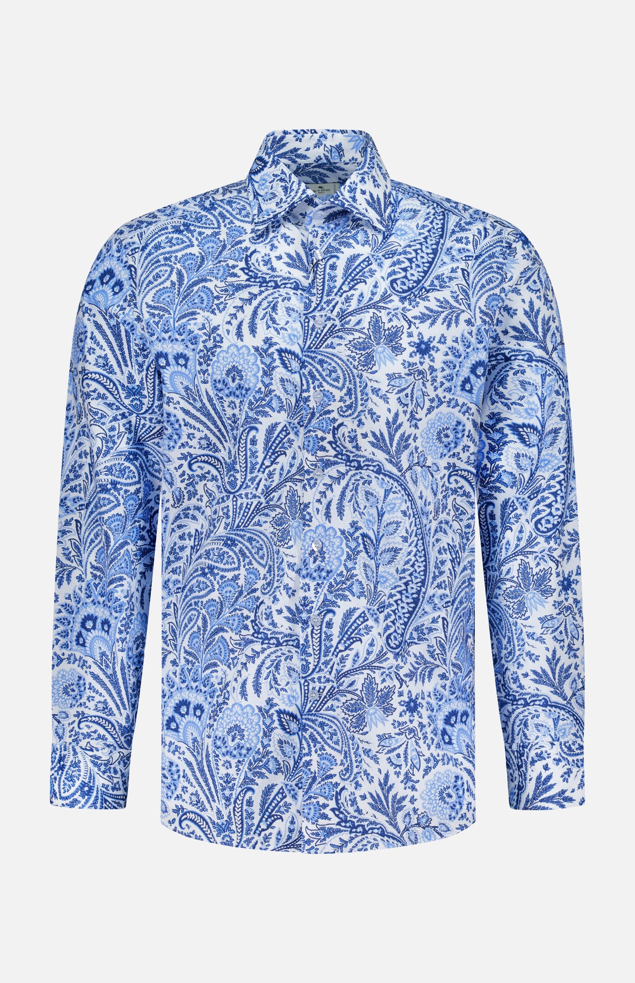 The ETRO Paisley Long Sleeve Shirt showcases a blue and white paisley floral pattern, classic collar and cuffs, and is made from stretch cotton dress shirt fabric, shown against a plain white background.