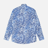 The ETRO Paisley Long Sleeve Shirt is a men's stretch cotton dress shirt with a blue and white paisley floral pattern, shown flat with the back facing up, combining comfort and style for any occasion.
