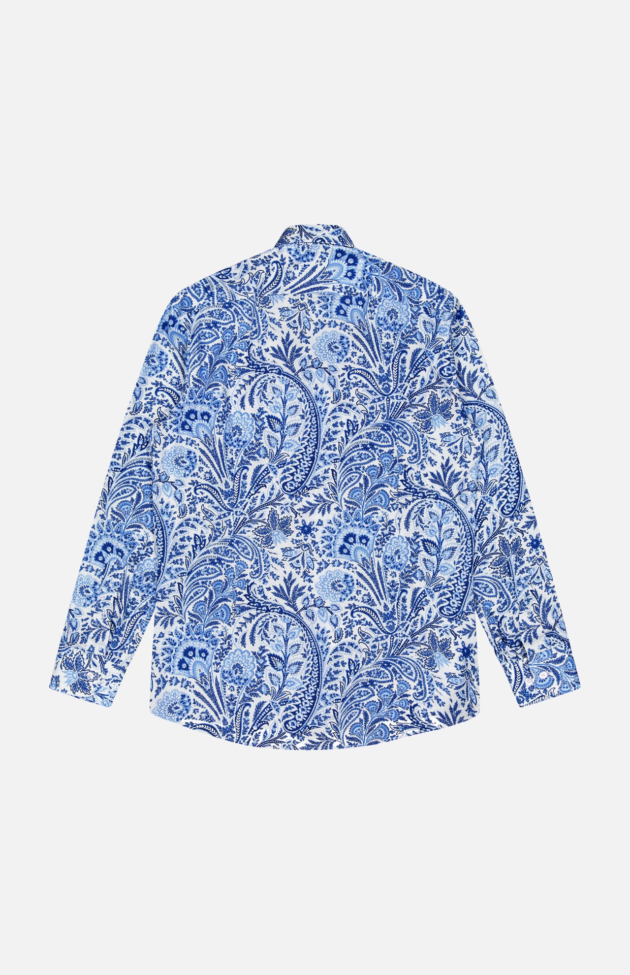 The ETRO Paisley Long Sleeve Shirt is a men's stretch cotton dress shirt with a blue and white paisley floral pattern, shown flat with the back facing up, combining comfort and style for any occasion.