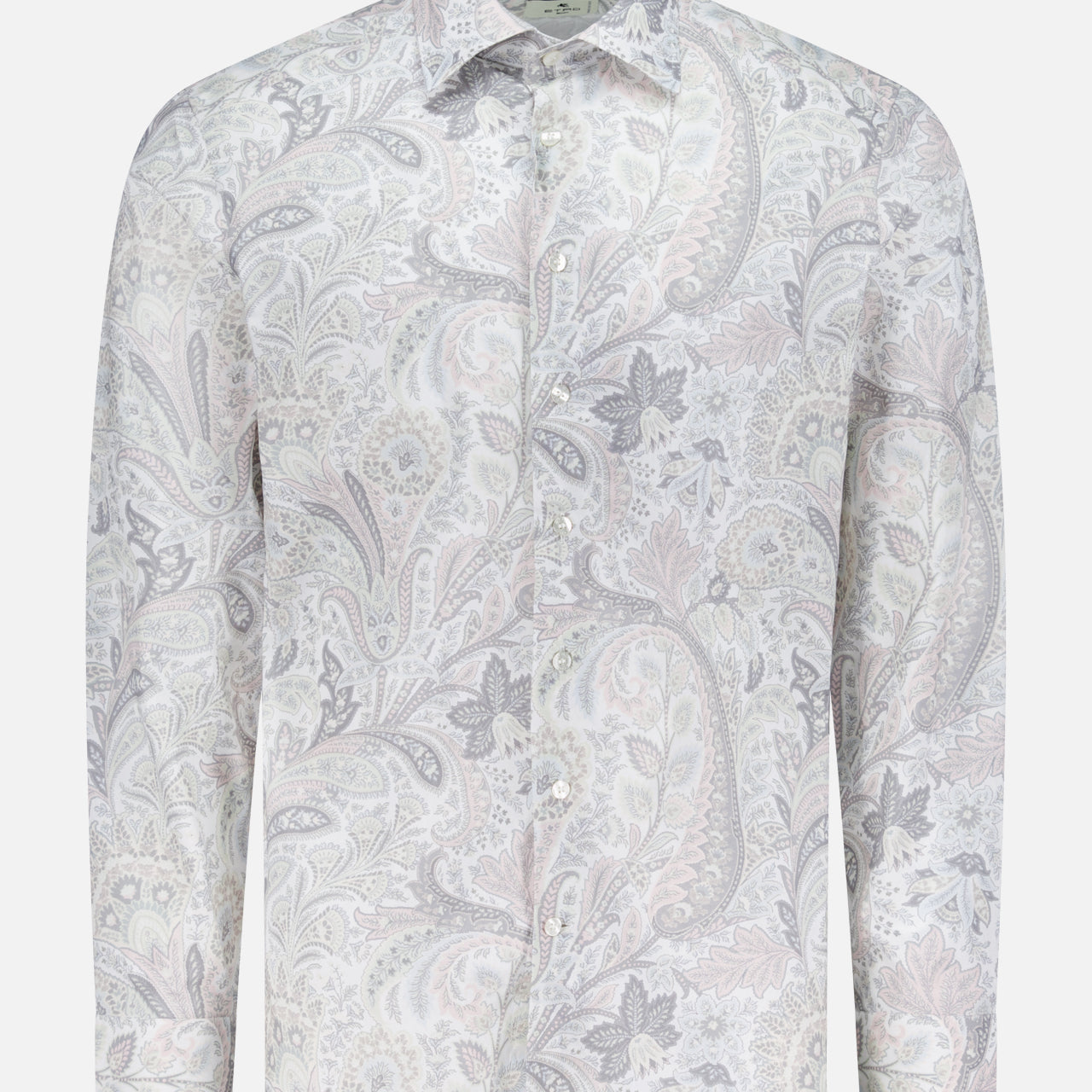 The ETRO Paisley Long Sleeve Shirt is a men's cotton dress shirt with a light pastel paisley print in grey, pink, and beige, shown on a plain white background.