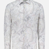 The ETRO Paisley Long Sleeve Shirt is a men's cotton dress shirt with a light pastel paisley print in grey, pink, and beige, shown on a plain white background.