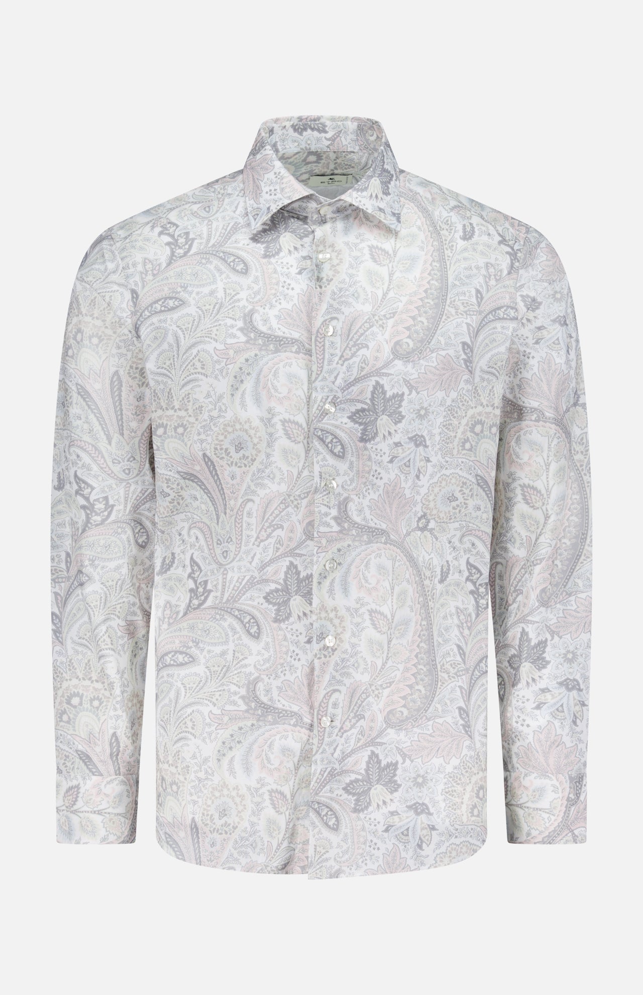 The ETRO Paisley Long Sleeve Shirt is a men's cotton dress shirt with a light pastel paisley print in grey, pink, and beige, shown on a plain white background.