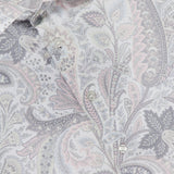Close-up of ETRO's Paisley Long Sleeve Shirt, a men's cotton dress shirt with an intricate grey, pale pink, and lavender paisley print. The light grey collar and brand label are visible at the top.