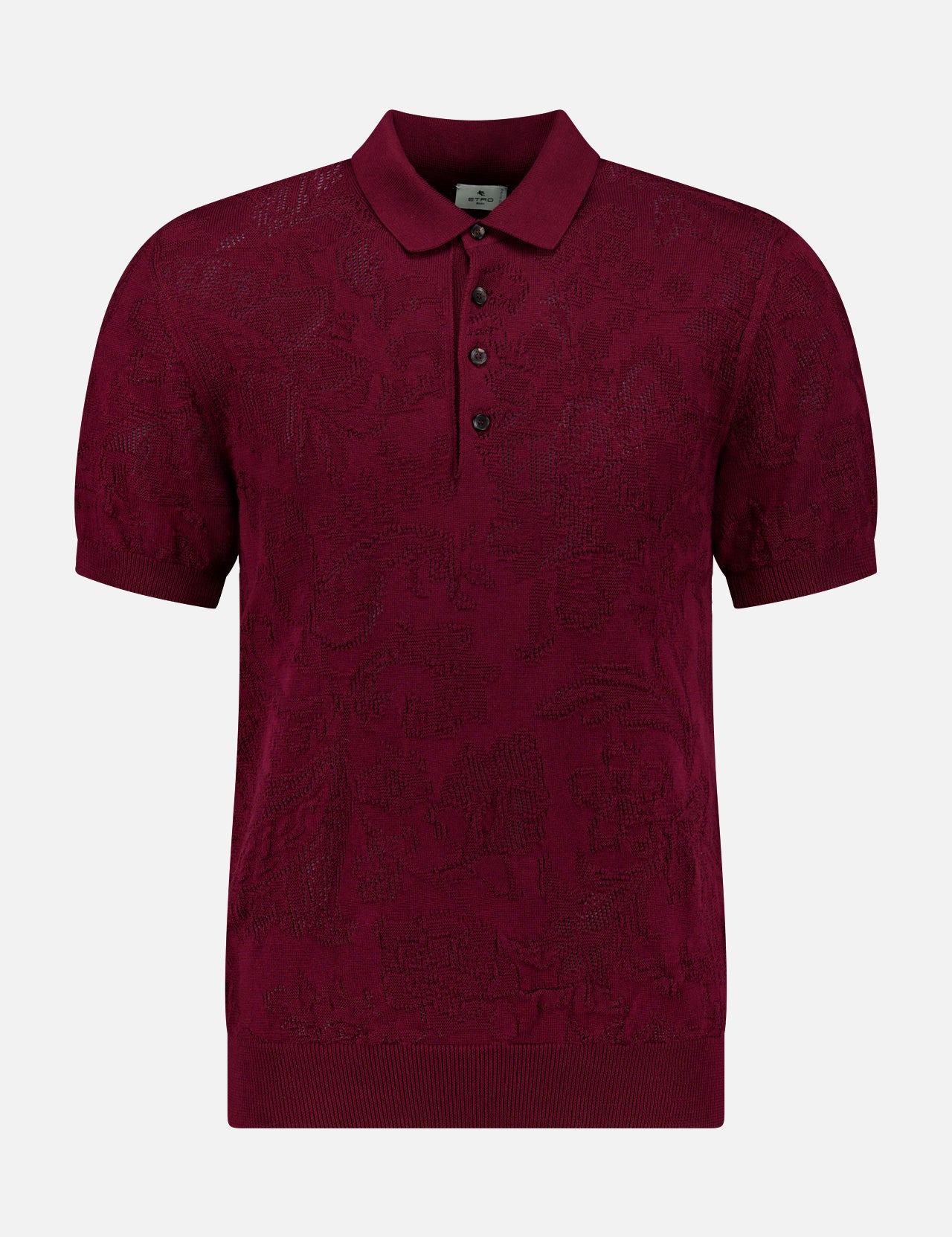 The ETRO Perforated Knit Polo Shirt features a stylish wine-colored pattern.