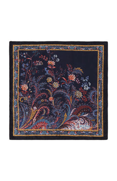 The ETRO Pocket Square features luxurious silk with a dark navy base, intricate floral and paisley prints in red, gold, blue, and white, and is finished with a detailed multicolored border for an elegant look.