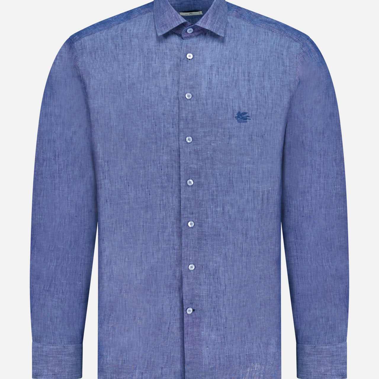 The ETRO Roma Long Sleeve Shirt is a blue linen button-up with a collar and small embroidered chest logo, made in Italy, shown on a plain white background.