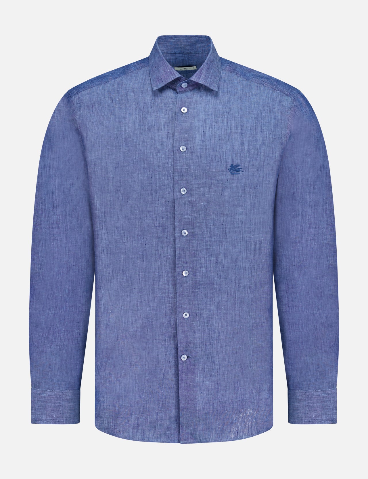 The ETRO Roma Long Sleeve Shirt is a blue linen button-up with a collar and small embroidered chest logo, made in Italy, shown on a plain white background.