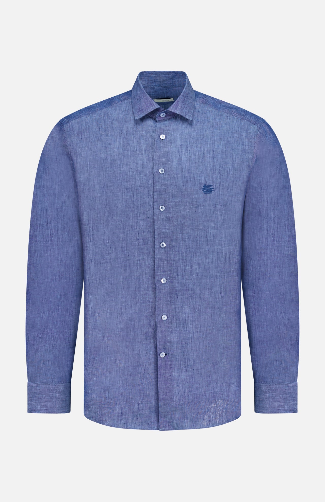 The ETRO Roma Long Sleeve Shirt is a blue linen button-up with a collar and small embroidered chest logo, made in Italy, shown on a plain white background.