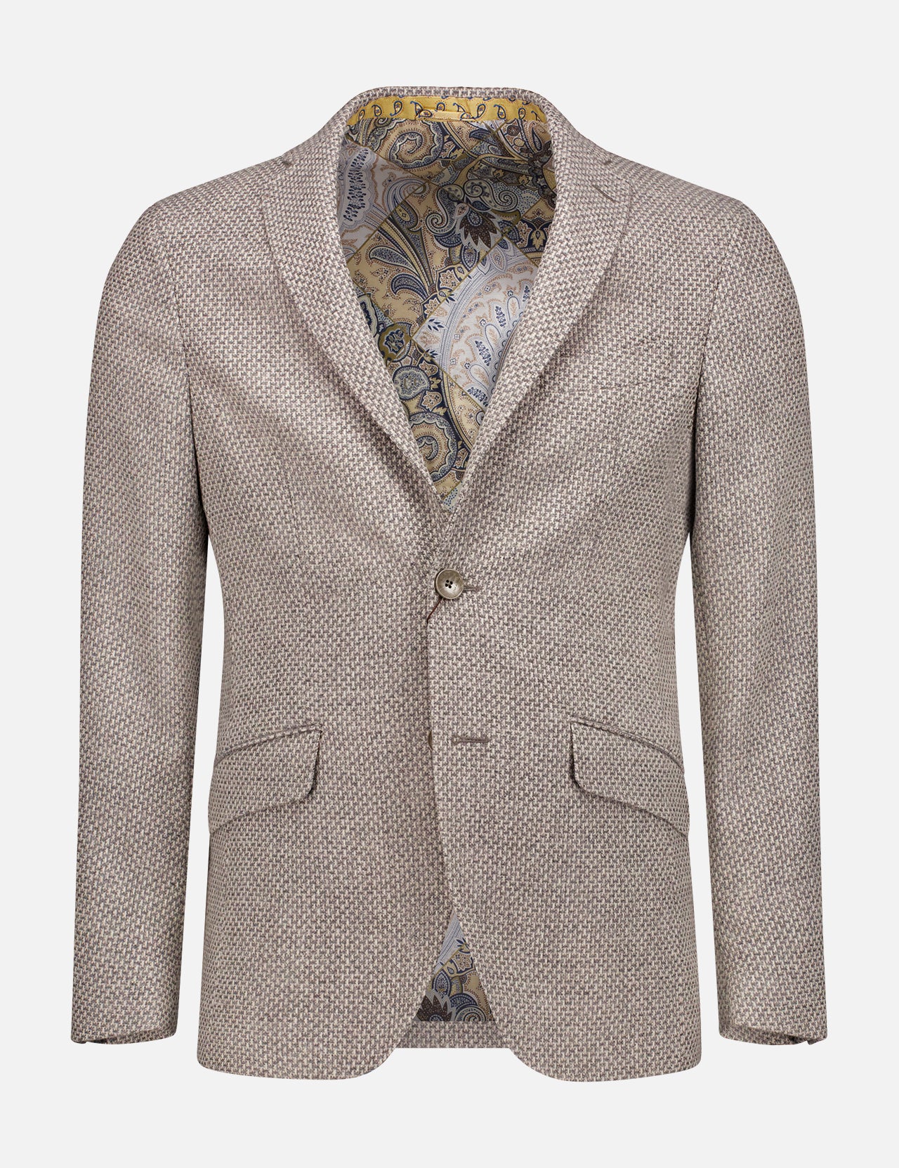 ETRO Sportcoat: Beige textured Italian design in a wool-cashmere blend, featuring single button closure, notched lapels, two front flap pockets, and an inner paisley patterned lining.
