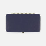 The F. HAMMANN Cowhide Jewelry Box is a rectangular, navy blue leather case with a textured surface and metal hinge, shown closed against a plain white background.