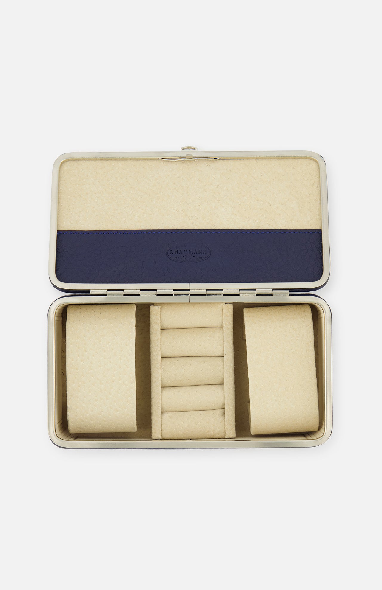 The F. HAMMANN Cowhide Jewelry Box is a rectangular, open leather case with a beige padded interior, two large side compartments, five central ring slots, and a blue accent on the lid—ideal as a travel case for your valuables.