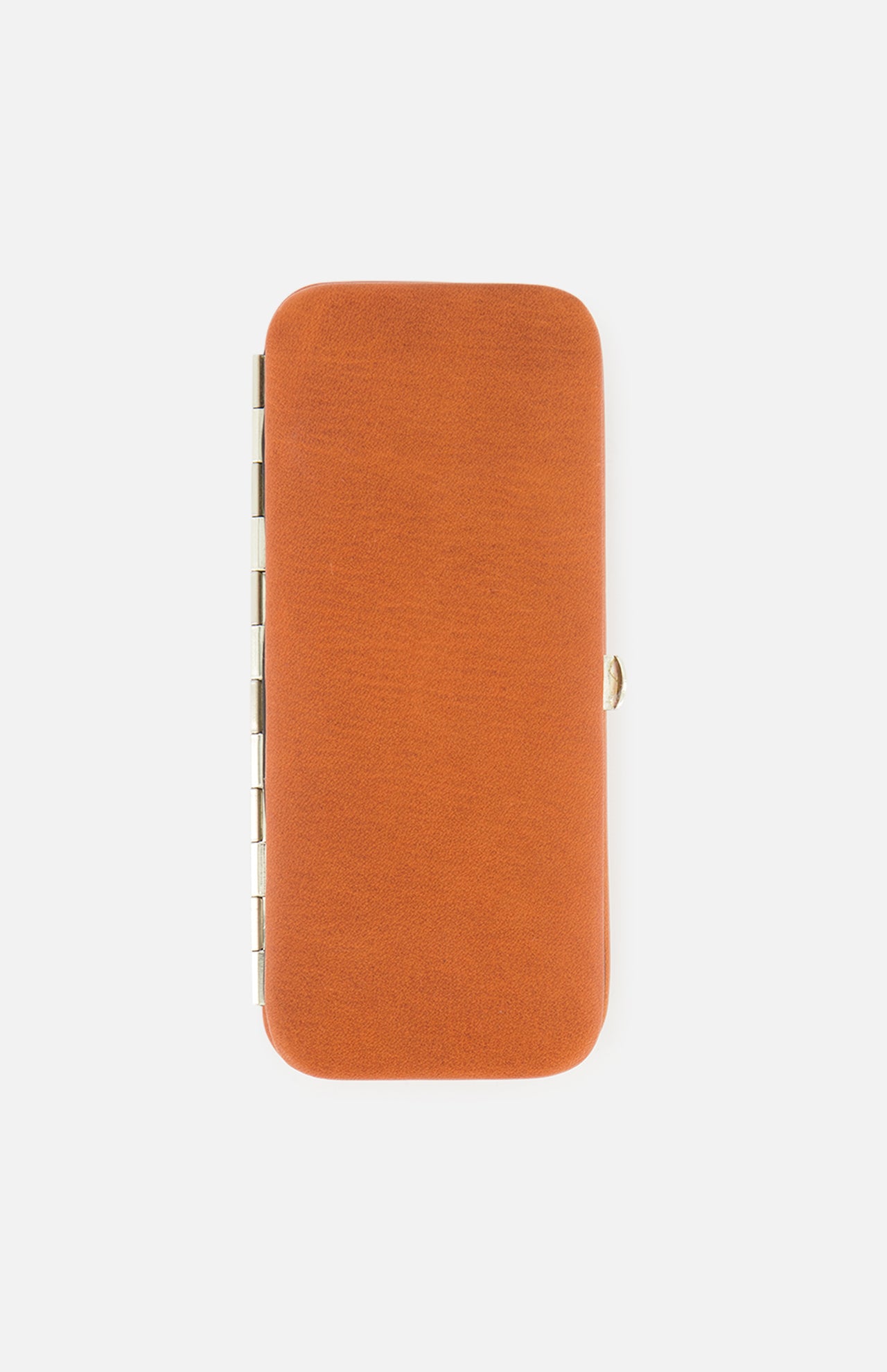 A rectangular brown leather Cowhide Golf Set by F. HAMMANN, made in Germany, with a gold clasp and metal hinge, shown on a plain white background.