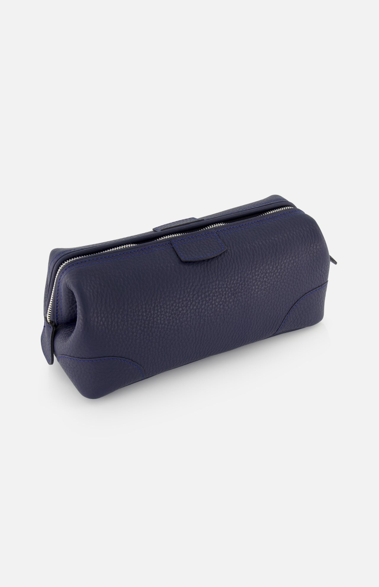 The Mousetrap Flat Toiletry Bag by F. HAMMANN is a blue leather bag with zipper, ideal for organizing travel accessories.