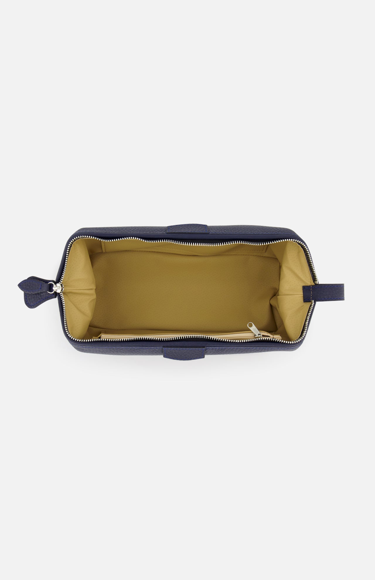 The Mousetrap Flat Toiletry Bag by F. HAMMANN features a rectangular navy blue leather exterior, a spacious tan interior lining, and an inner side pocket—making it a stylish travel accessory.