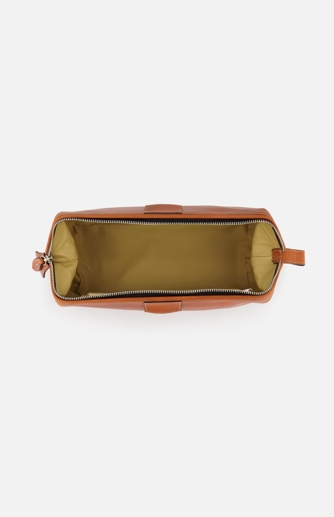 Top view of the F. HAMMANN The Mousetrap Flat Toiletry Bag, an open rectangular brown leather bag with a beige fabric interior and zipper, made in Germany, empty and displayed on a plain white background.