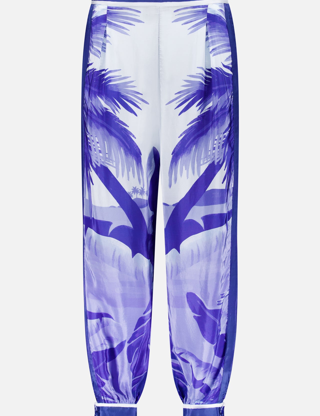 FARM RIO’s Button Cuff Pajama Pant features a blue and white tropical palm tree print, pajama-inspired design with elastic waistband, button cuffs, and blue side stripes—ideal for a laid-back island look.