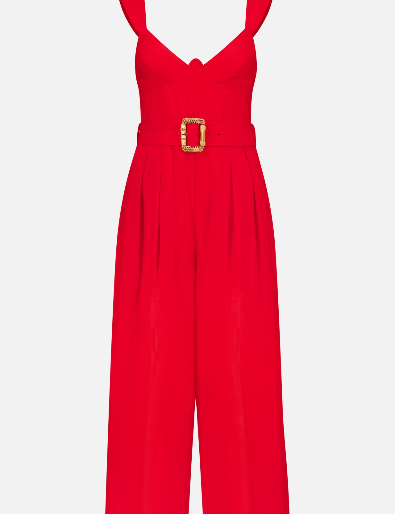 The FARM RIO Sleeveless Belted Maxi Jumpsuit features a vibrant red hue, wide legs, thick straps, a sweetheart neckline, and a gold-buckled belted waist for a bold look.