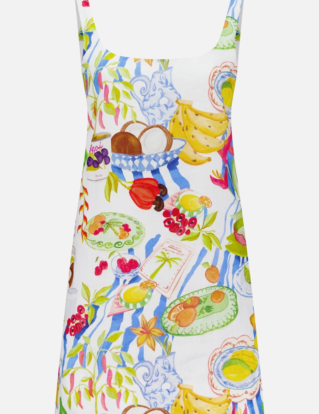 The FARM RIO Sleeveless Summer Table Mini Dress is a linen mini with a vibrant fruit and food-themed print—bananas, coconuts, grapes, cherries, and decorative plates on white—ideal for summer.