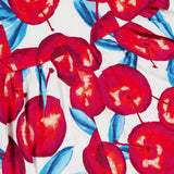 A close-up of the Cherry Blossom Sleeveless Midi Dress by FARM RIO shows its bold, artistic pattern: vibrant red cherries with blue leaves on white linen-blend fabric, adding playful charm to this stylish midi dress.