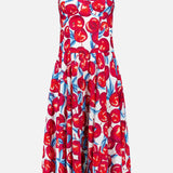 The FARM RIO Cherry Blossom Sleeveless Midi Dress features a fitted bodice, flared skirt, and sweetheart neckline with thin straps, displaying a bright red cherry and green leaf print on a white linen-blend fabric.