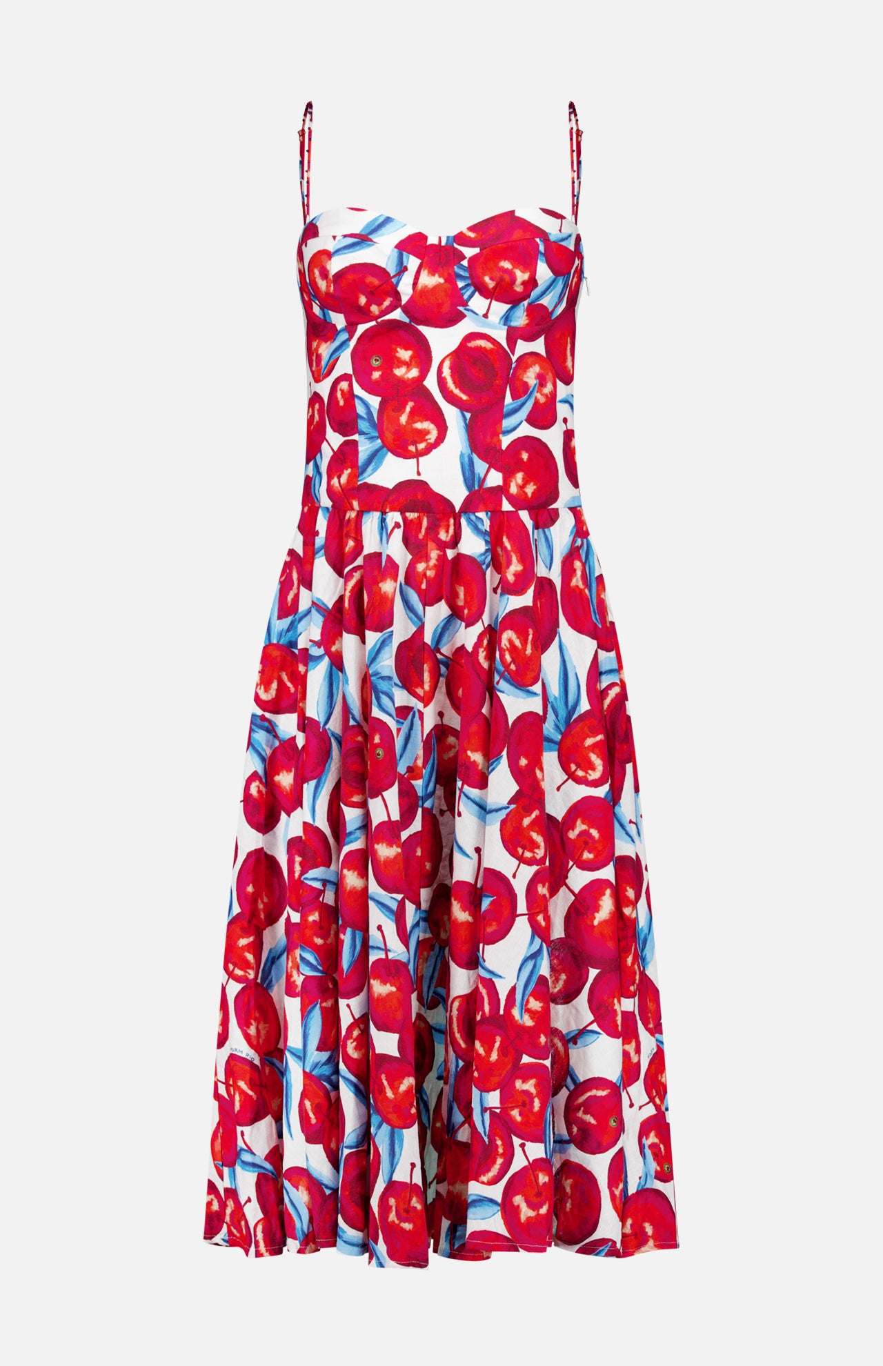 The FARM RIO Cherry Blossom Sleeveless Midi Dress features a fitted bodice, flared skirt, and sweetheart neckline with thin straps, displaying a bright red cherry and green leaf print on a white linen-blend fabric.