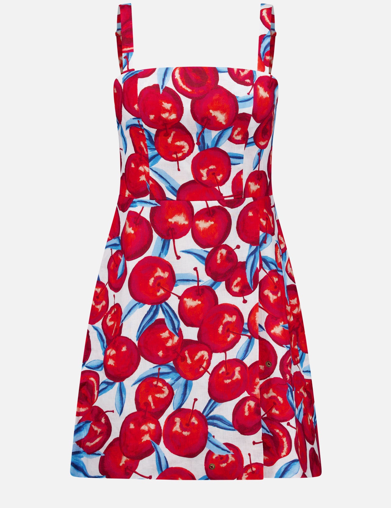 The Cherry Blossom Sleeveless Mini Dress by FARM RIO features a square neck, bold red cherry and green leaf print on white, wide adjustable straps, fitted bodice, and an A-line skirt—perfect for summer.