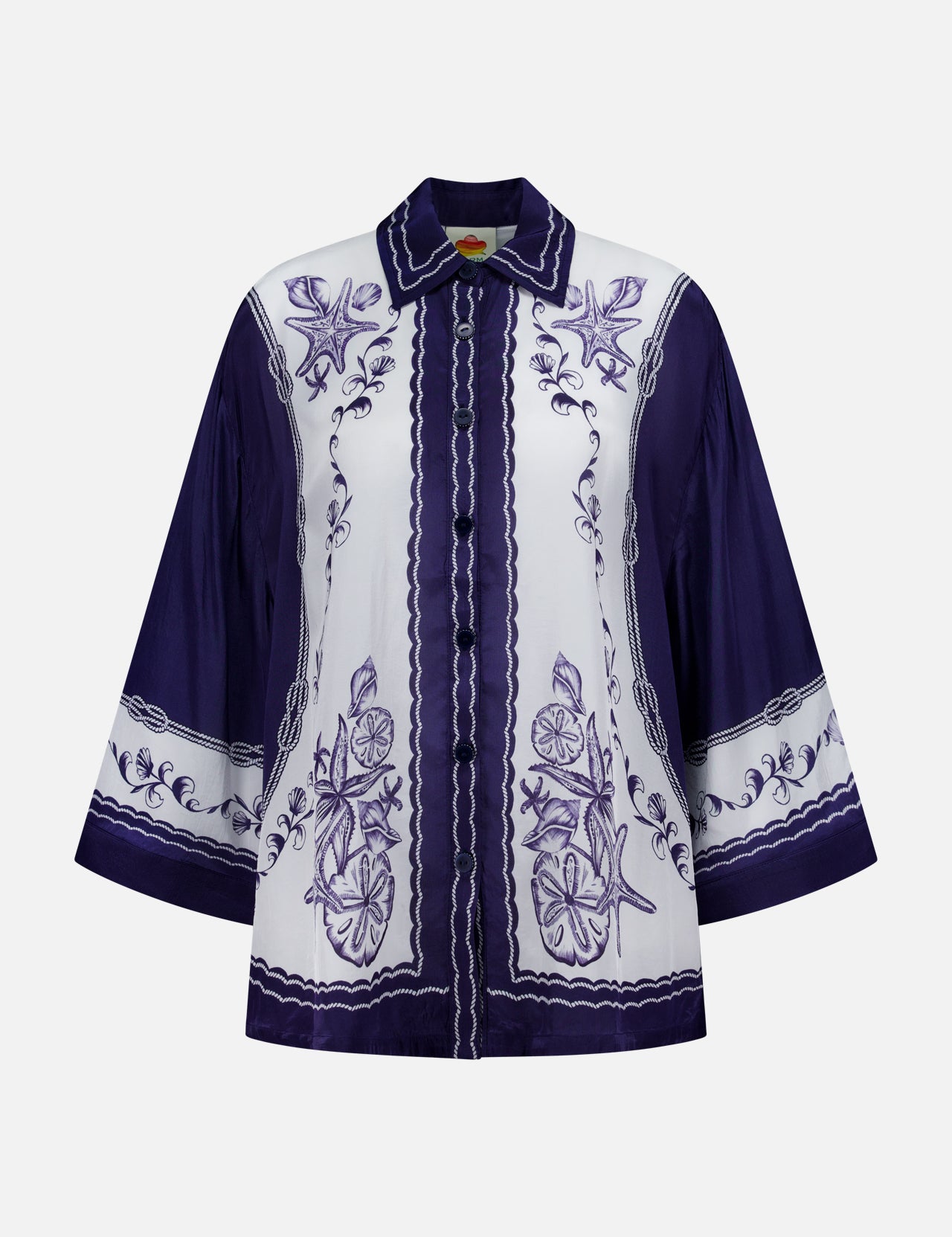 The Coast Scarf Wide Sleeve Shirt by FARM RIO is a long-sleeve, button-up with a white base, detailed purple floral and fruit embroidery, and bold purple sleeves—perfect for making a statement on vacation.