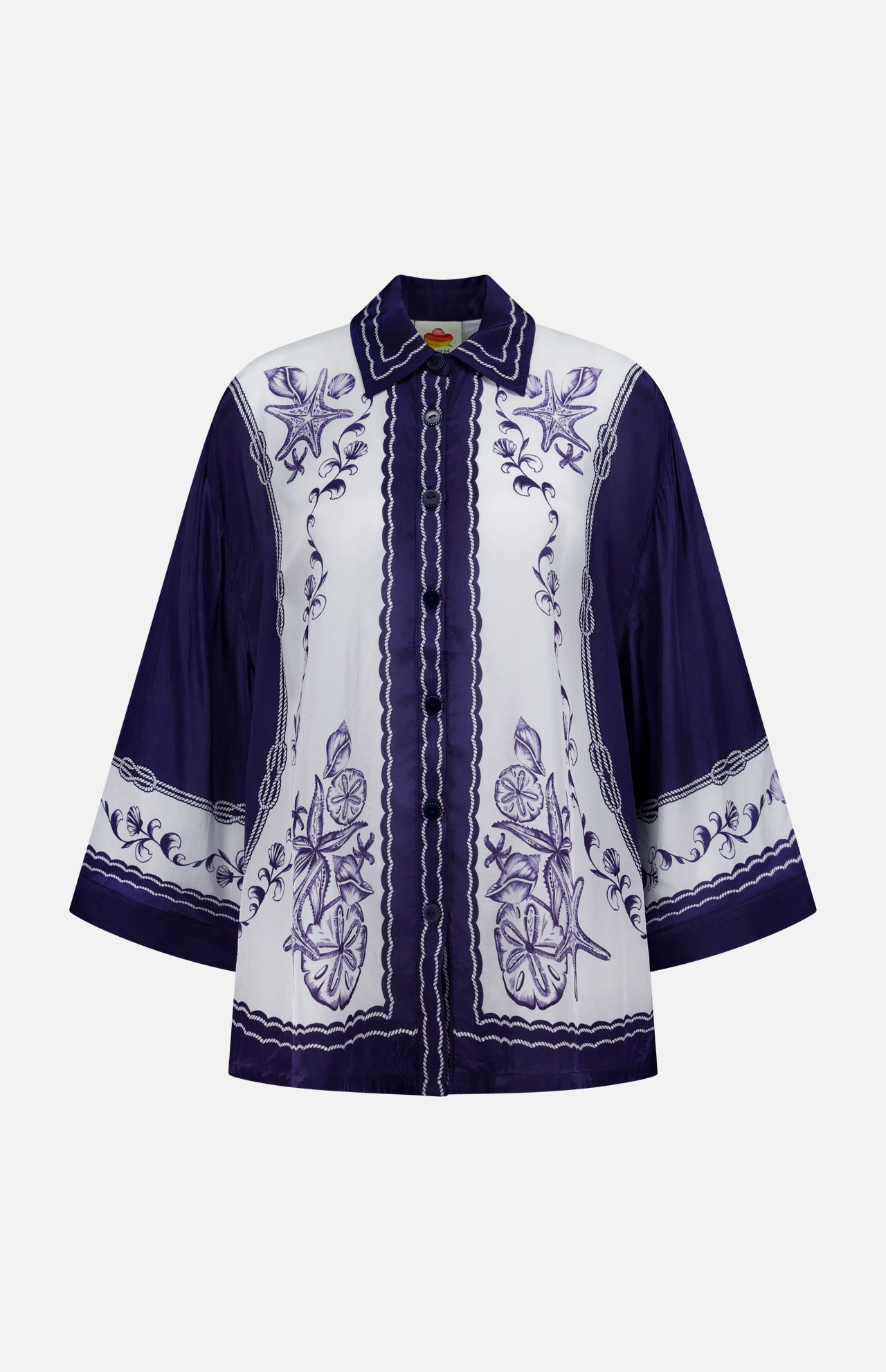 The Coast Scarf Wide Sleeve Shirt by FARM RIO is a long-sleeve, button-up with a white base, detailed purple floral and fruit embroidery, and bold purple sleeves—perfect for making a statement on vacation.