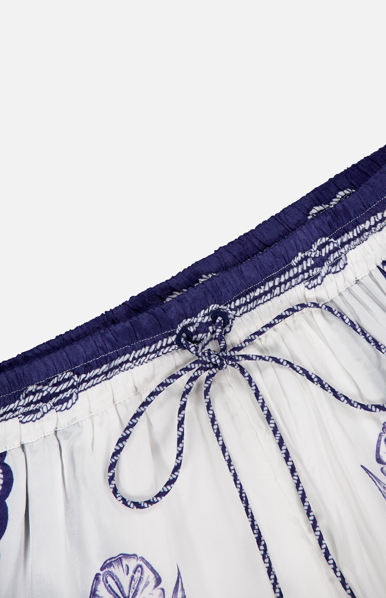 A close-up of Coast Scarf Shorts by FARM RIO, featuring blue floral patterns, a dark blue elastic waistband with a drawstring, and decorative stitching—ideal for a coastal vacation look.