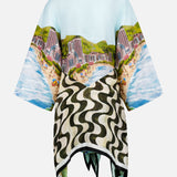 The FARM RIO Copacabana Beach Long Sleeve Kimono features a vibrant beach and city print above bold black-and-white waves, styled as sustainable beachwear—perfect with a multicolor scarf, shown on a plain background.