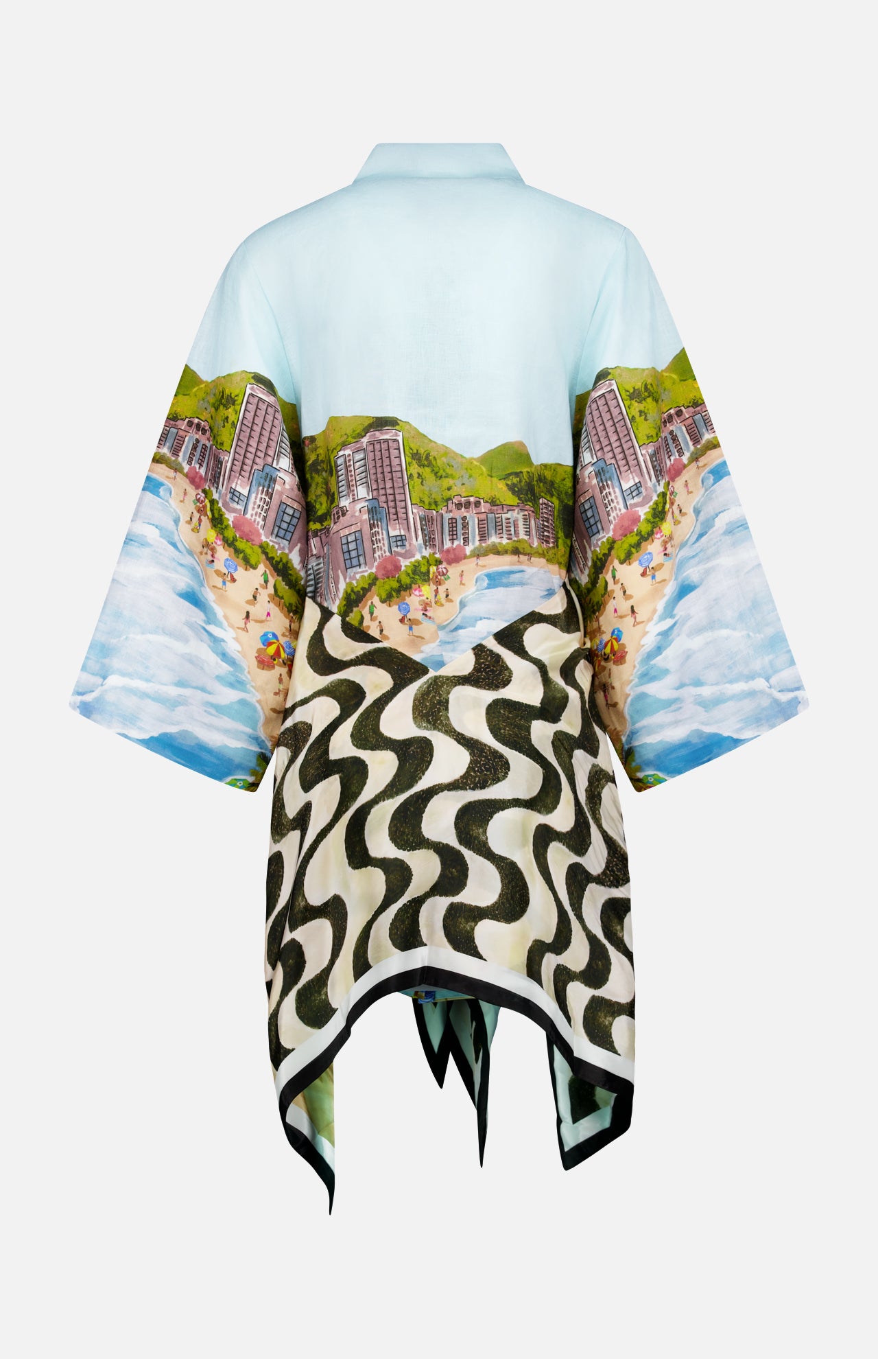 The FARM RIO Copacabana Beach Long Sleeve Kimono features a vibrant beach and city print above bold black-and-white waves, styled as sustainable beachwear—perfect with a multicolor scarf, shown on a plain background.
