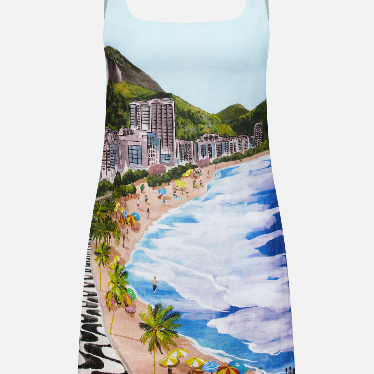 The FARM RIO Copacabana Beach Mini Dress features a scenic print of waves, palm trees, colorful umbrellas, people on the sand, and high-rise buildings set against green hills.