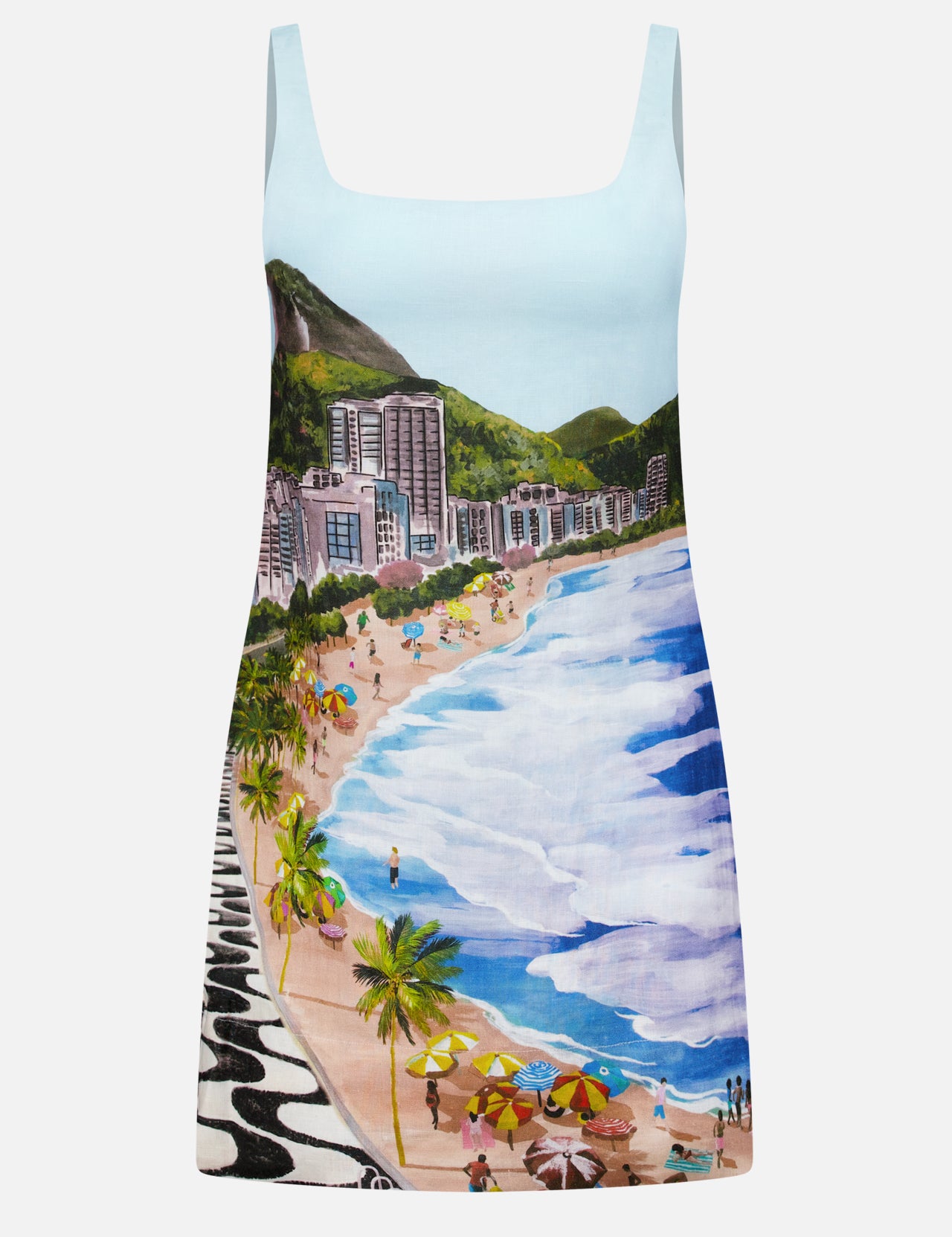 The FARM RIO Copacabana Beach Mini Dress features a scenic print of waves, palm trees, colorful umbrellas, people on the sand, and high-rise buildings set against green hills.