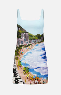 The FARM RIO Copacabana Beach Mini Dress features a scenic print of waves, palm trees, colorful umbrellas, people on the sand, and high-rise buildings set against green hills.