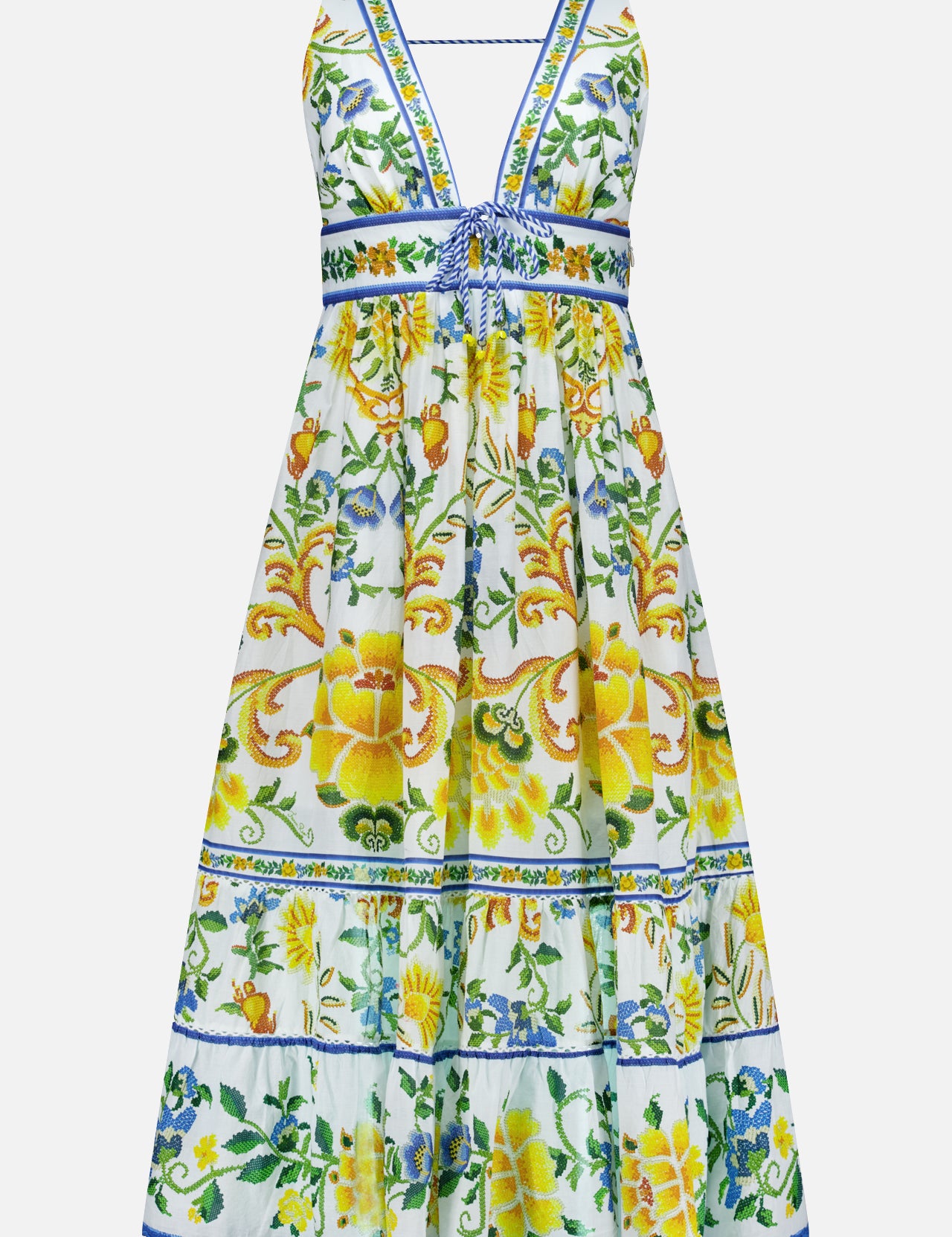 The Emily Floral Tapestry Midi Dress by FARM RIO features a sleeveless V-neck, flared skirt, yellow and green floral prints, blue trim, and a waistband bow on white—ideal for summer style.