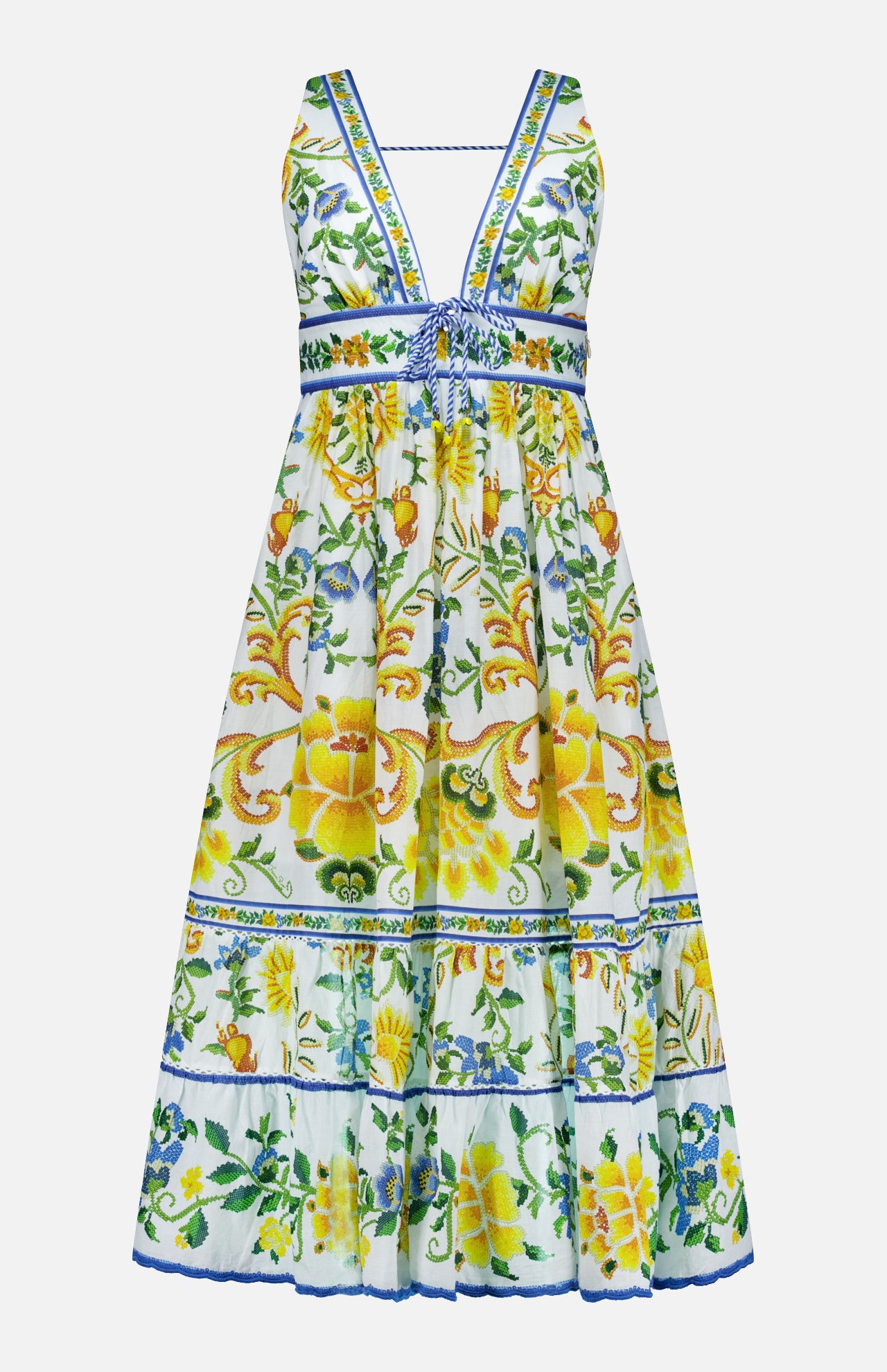 The Emily Floral Tapestry Midi Dress by FARM RIO features a sleeveless V-neck, flared skirt, yellow and green floral prints, blue trim, and a waistband bow on white—ideal for summer style.