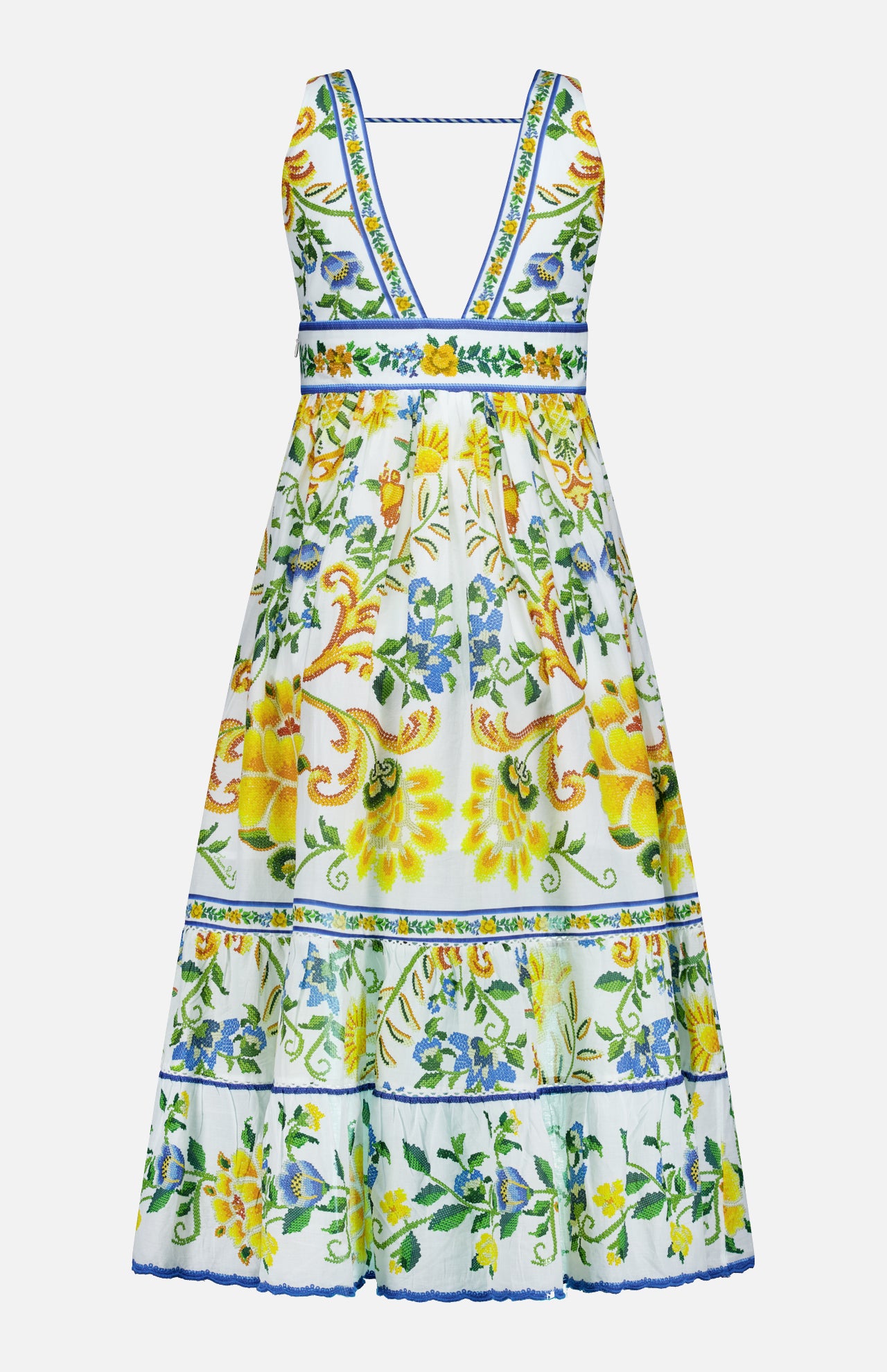 The FARM RIO Emily Floral Tapestry Midi Dress is a sleeveless, V-neck summer dress with a fitted bodice, flared skirt, vibrant yellow, green and blue florals on white, decorative borders and blue trim—perfect for bohemian style on warm days.
