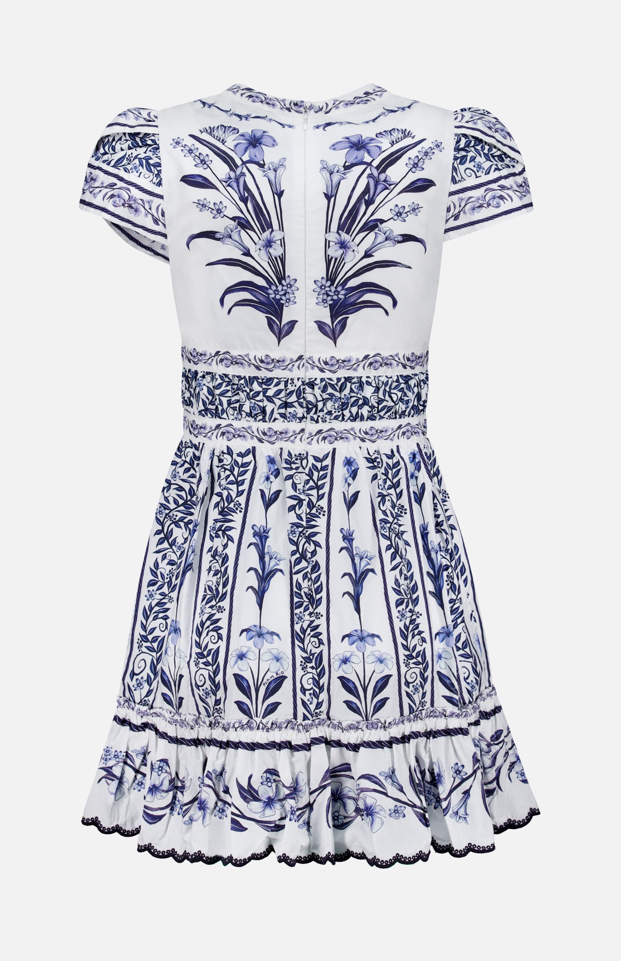 The FARM RIO Flowers Arch Mini Dress is a white and blue short-sleeved mini with purple florals, a fitted waist, ruffled hem, back zipper, intricate borders, and symmetrical botanical motifs.